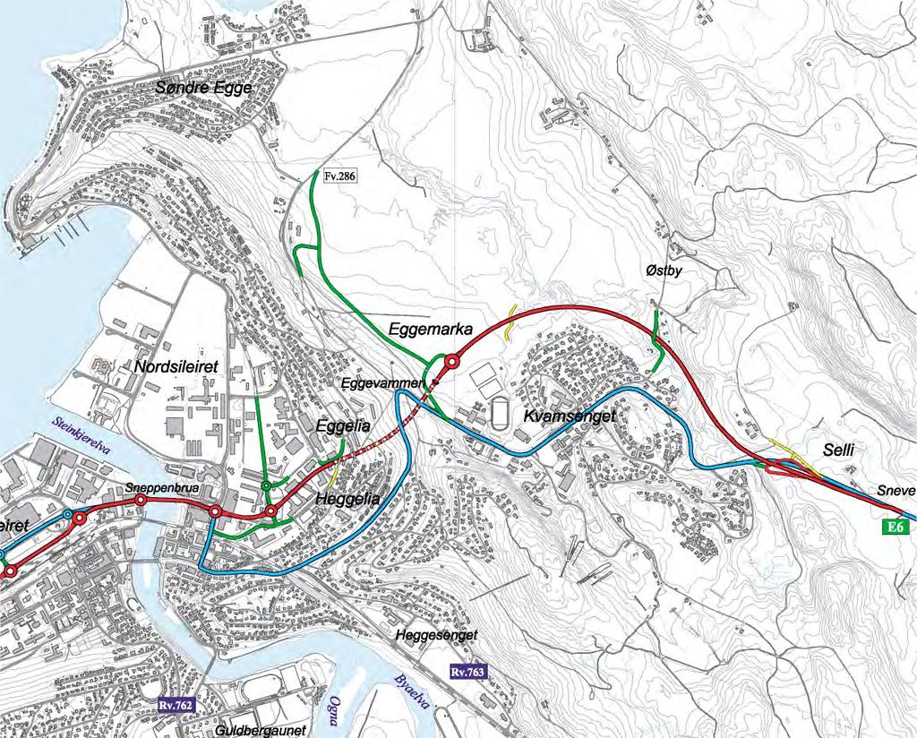 VEGSTANDARD Ny E6 bygges som tofelts, avkjørselsfri veg. Sør for Figga blir bredden 10 meter, fra Figga til Eggelia blir vegen bygd som gate med 7,5 meter mellom kantsteinene.