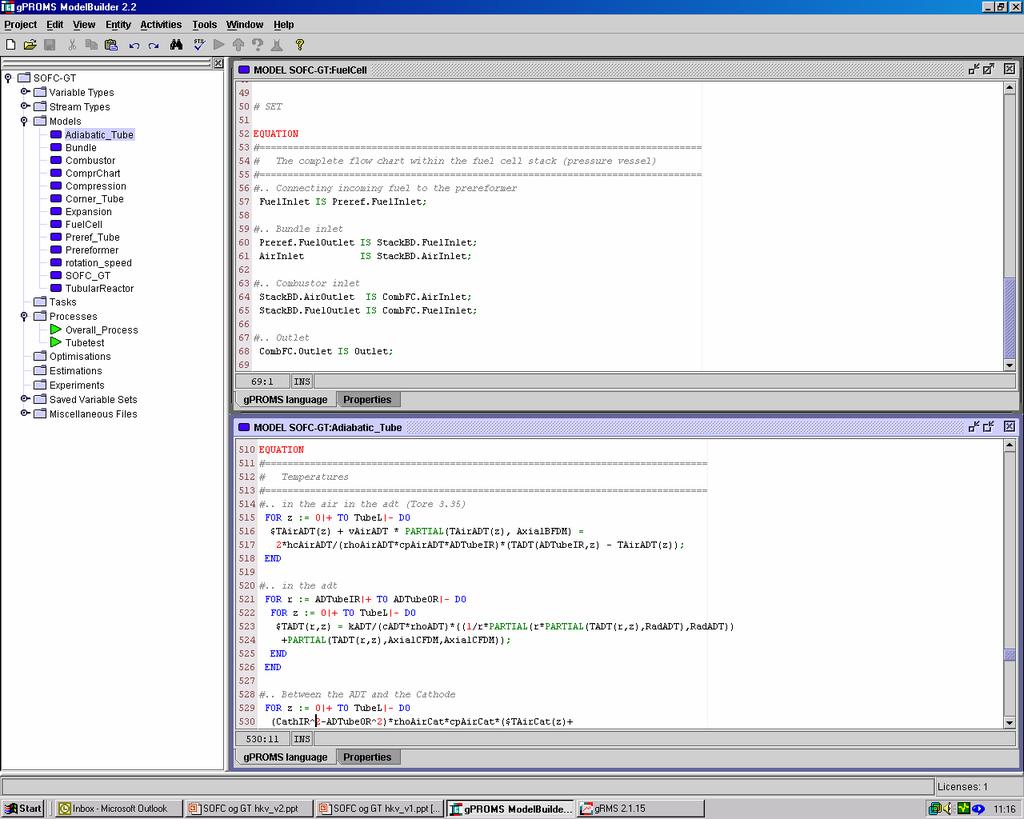 Implementering av system i gproms Samling av modeller Modellene er koblet sammen ved