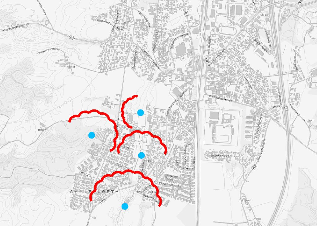 Figur 4: Planutsnitt inntegnet vurdert maksimal utbredelse av evt. skred ved potensielle løsneområder som vist i blått. 4.5 Løsneområder og utløpsområder Løsneområder: Løsneområder for evt.