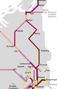 mellom Hamar og Lillehammer 7*0,25*18=31 min. Praktisk total togfølgetid blir da 253 min, som gir en utnyttelsesgrad på 77%.