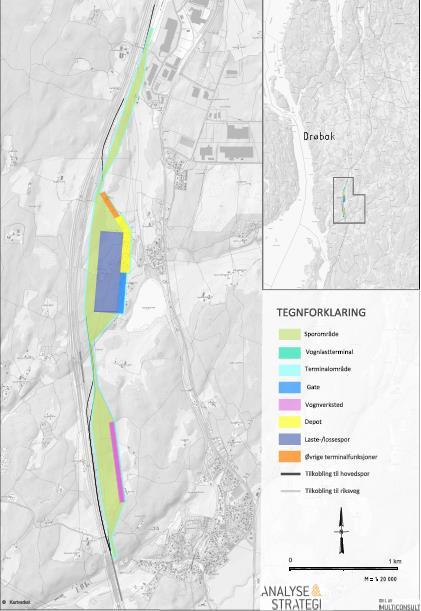 Vestby to ulike terminaler Jernbanetilknytning Innkjør/utkjør både nord og sør, kurvatur og terreng gjør at disse blir lange. Sporene må legges i bru over en dyp kløft i terrenget.