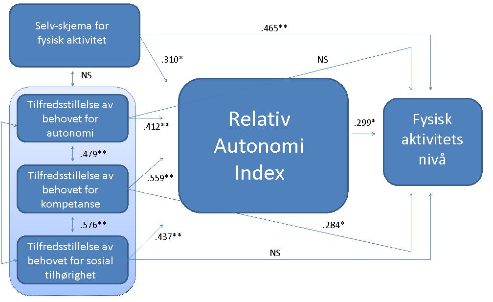 .523** Figur 4.1. Modell over korrelasjon mellom fysisk aktivitetsnivå, RAI, behovstilfredsstillelse og selv-skjema for fysisk aktivitet.
