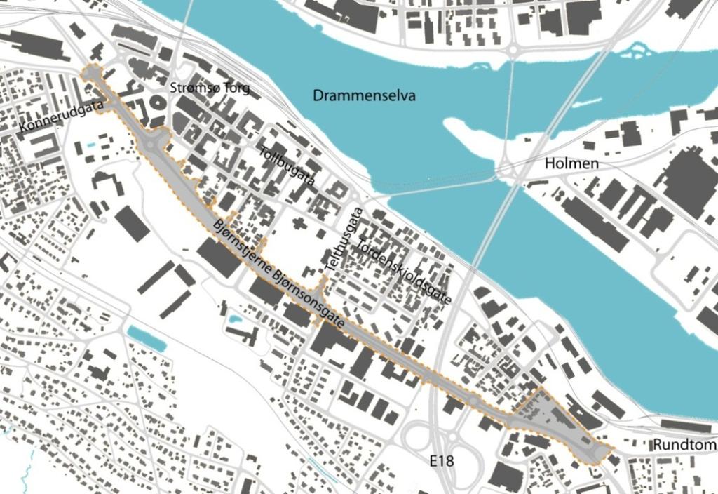 Figur 1-3 Planområdet 1.5. Forhold til annen planlegging Handlingsprogram 2010-2013 Fylkesveger i Buskerud Delstrekning 1, Jernbanegata Telthusgata, er under prosjektering for byggeplan.