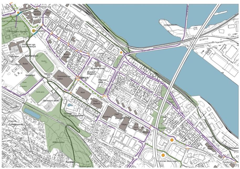 Figur 2-1 Infrastruktur for gang- og sykkeltrafikk Foreløpige beregninger med ATP-modell 6, tyder på at strekningen har sykkeltrafikkpotensial som varierer mellom 25-150 syklister på arbeidsreise. 2.2. Trafikksikkerhet Skaderisiko Menneskets tåleevne ligger til grunn for Nullvisjonen 7.