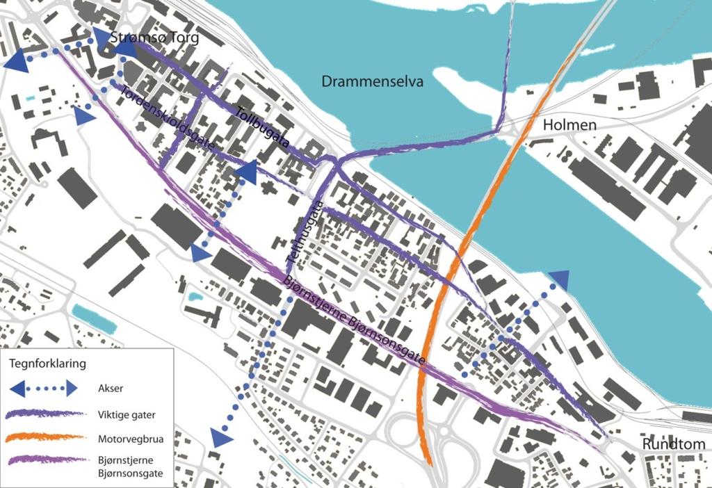 Veglinjen i gaten har svak krumning og fremstår ikke visuelt som en rett akse gjennom bylandskapet, se figur 2-5 for oversikt.