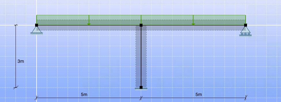 6 Analyse av tofelts bjelke med søyle I dette kapitlet tar vi for oss en tofelts fritt opplagt bjelke med søyle i midtstøtte. Bjelkens geometri, armering og last er den samme som i kapittel 4.5.