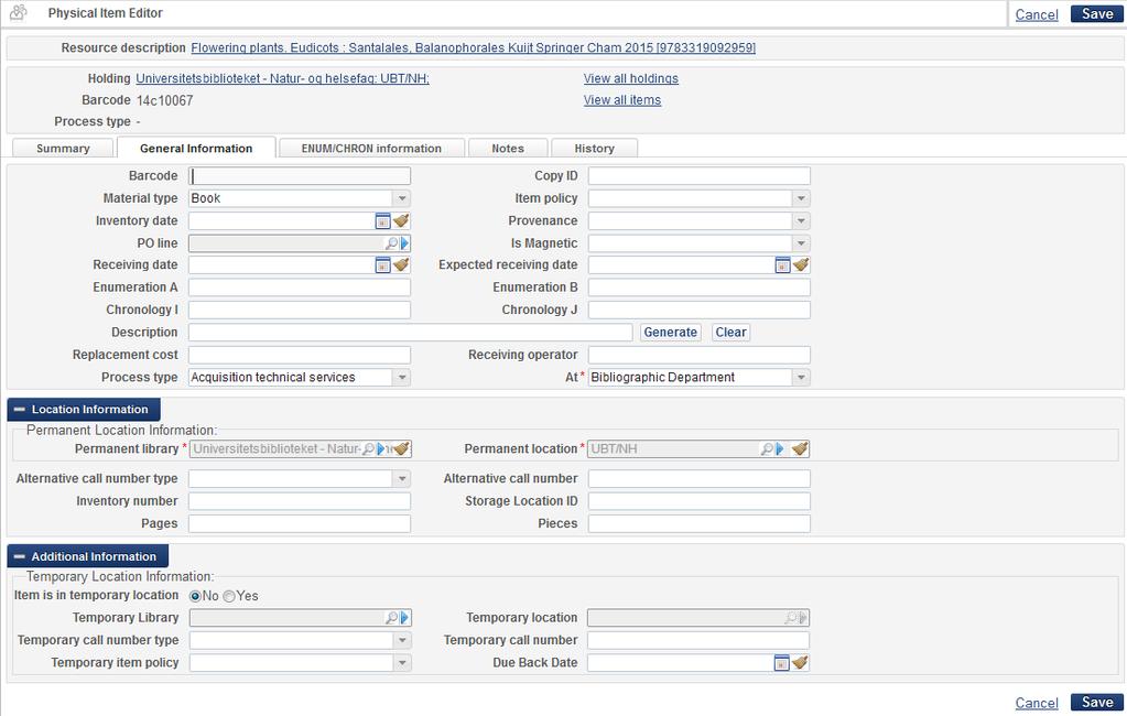 Klikk på Items under posten. Deretter velger du Actions > Edit. Du kommer da til skjermen Physical Item Editor. For å finne seriens PO line klikker på forstørrelsesglasset i feltet PO line.