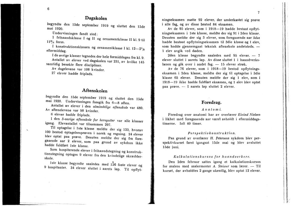 6 7 Dagskolen begyndte den 15de september mai 1920. 1919 og sluttet den 15de Undervisningen fandt sted : I frihaandsklasse 118/4 form. I og II og ornamentklasse II kl.