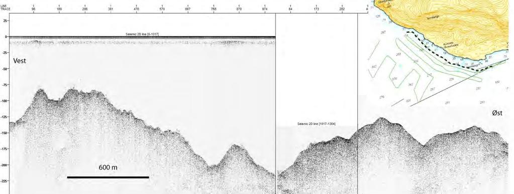 Figur 112: Kystparallell seismisk linje viser en svært ujevn sjøbunn med svært dårlige reflektorer. Dette kan indikere skredmasser uten en godt definert indre lagdeling.