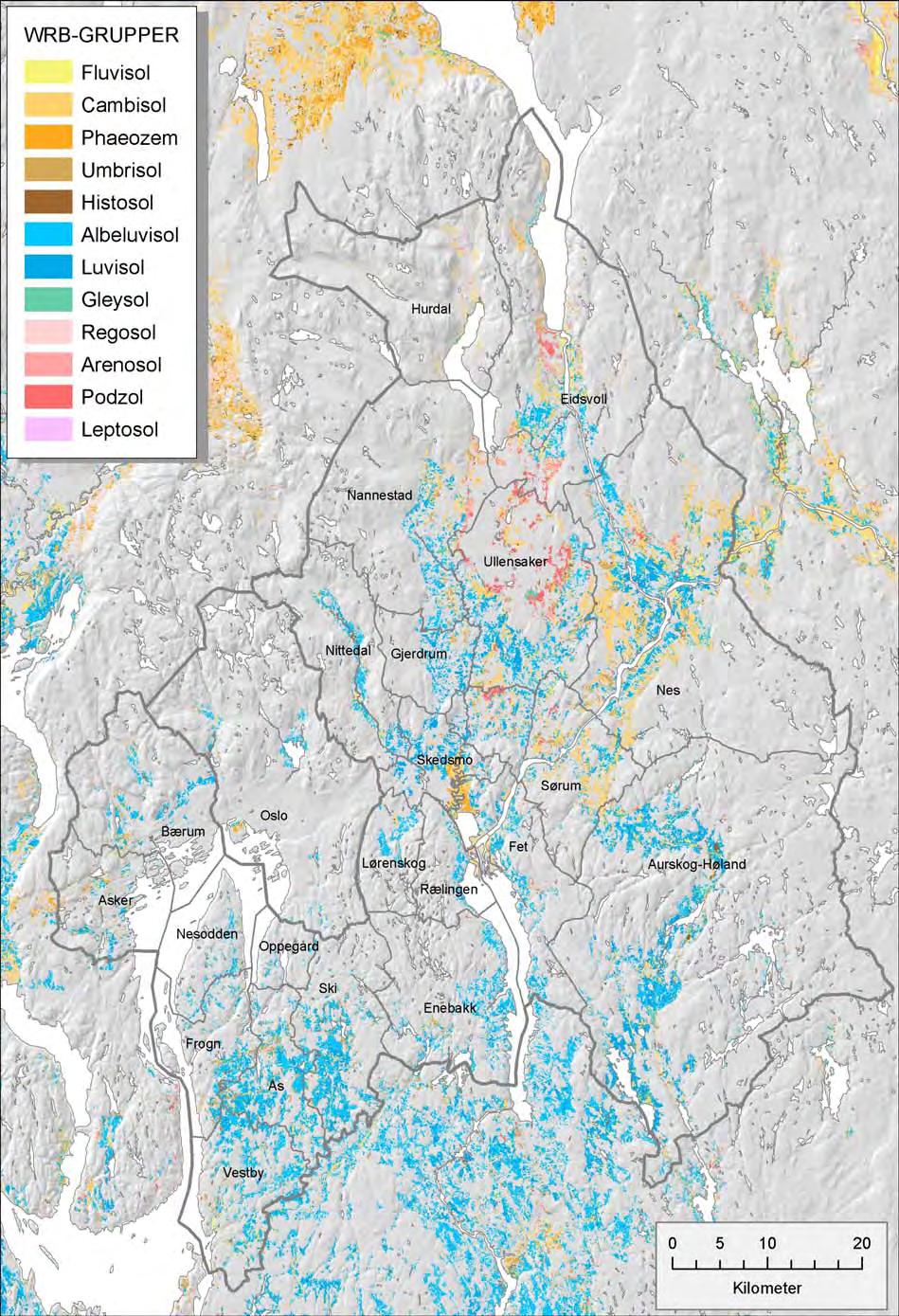 Figur 12: Utbredelsen av ulike hovedtyper av jordsmonn (grupper i