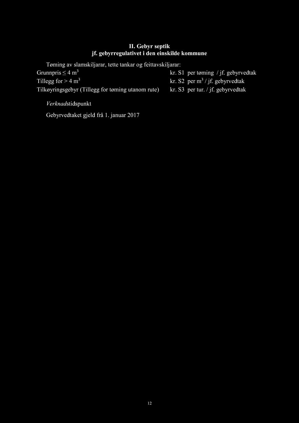 II. Gebyr septik jf. gebyrregulativet i den einskilde kommune Tøming av slamskiljarar, tette tankar og feittavskiljarar: Grunnpris 4 m 3 kr. S1 per tøming / jf.