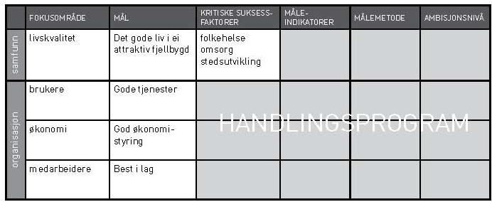 MÅLEKART Fokusområder: de dimensjonene rettes størst oppmerksomhet mot Mål: overordnede målsetninger for fokusområdene Kritiske suksessfaktorer: de faktorene som man i alle fall må lykkes med innen