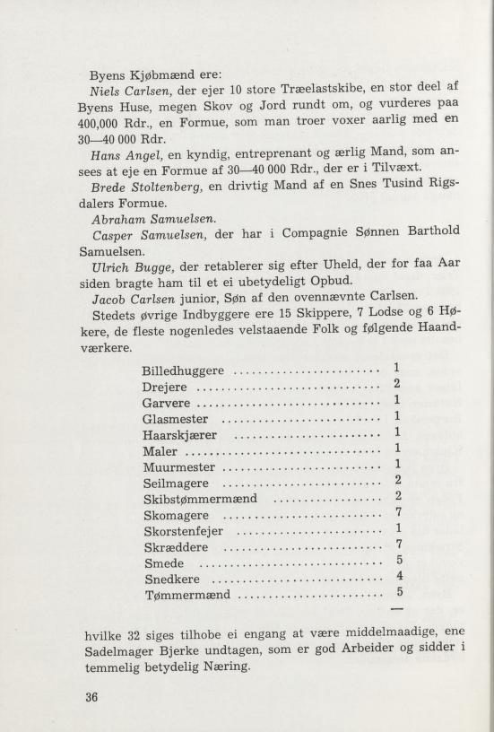 Byens Kjøbmænd ere: Niels Carlsen, der ejer 10 store Træelastskibe, en stor deel af Byens Huse, megen Skov og Jord rundt om, og vurderes paa 400,000 Rdr.