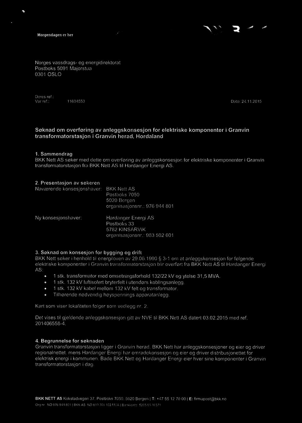 Sammendrag BKK Nett AS søker med dette om overføring av anleggskonsesjon for elektriske komponenter i Granvin transformatorstasjon fra BKK Nett AS til Hardanger Energi AS. 2.