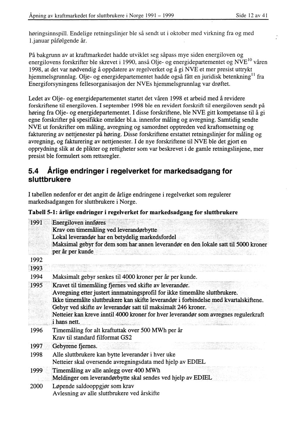 Åpning av kraftmarkedet for sluttbrukere i Norge 1991-1999 Side 12 av 41 høringsinnspill. Endelige retningslinjer ble så sendt ut i oktober med virkning fra og med 1.januar påfølgende år.