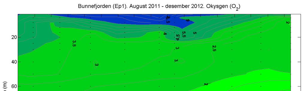 Temperatur (1), saltholdighet (2), tetthet (sigma t, 3) og oksygen (O 2, 4) i Bunnefjorden (Ep 1), august 2011-desember 2012.