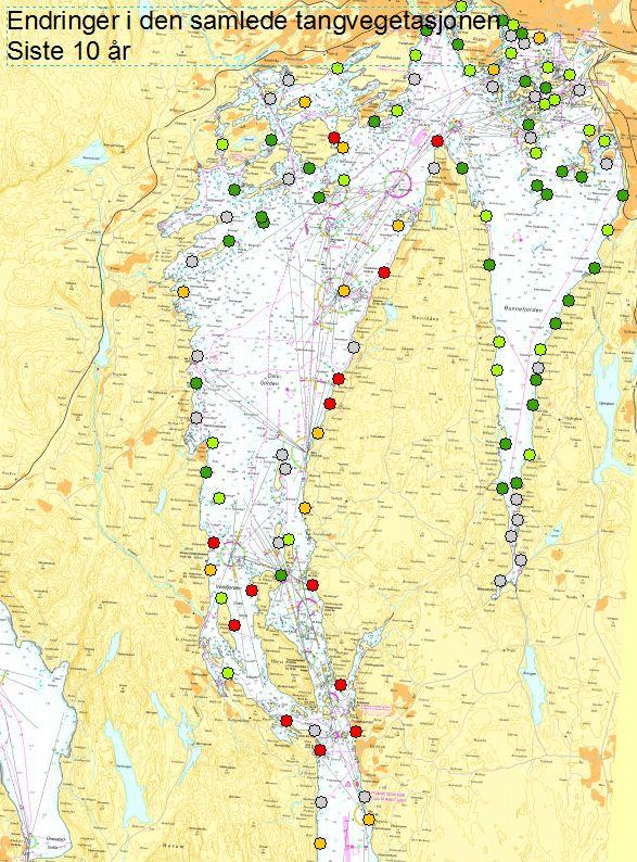 NIVA 6534-2013 Figur 60. Samlet endring i mengde tang siste 10 år, fra 2001 til 2011/2012. Forbedringer og forverringer i tangsamfunnet er vist med ulike fargede symboler.