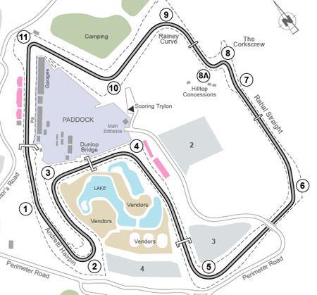 Arrangementet Bane: Dato: Arrangement: Løp: Mazda Raceway Laguna Seca Monterey, California USA 3,6 km lang, 11 svinger, inneholder den berømte Corkscrew 10.