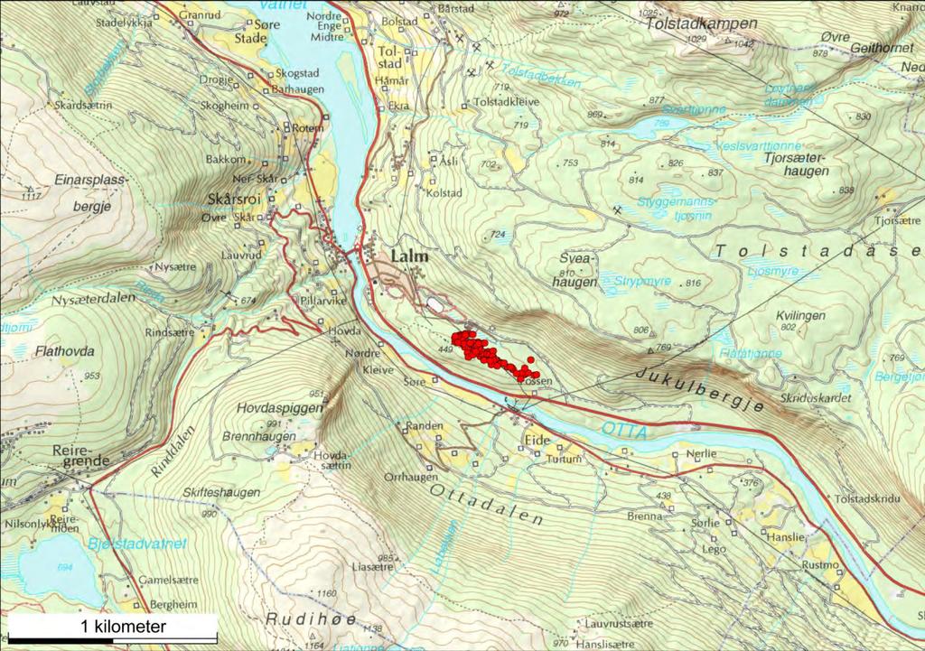 Figur 2. Kart over Lalmområdet og Tolstadkvernberget. Kvernsteinsbruddene vist med røde punkt. Kartgrunnlag: Statens kartverk.