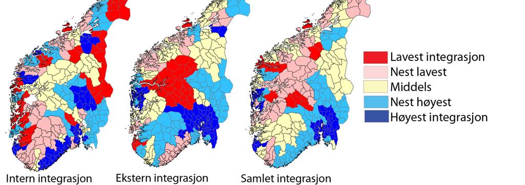 3.8 Mønstre for arbeidsmarkedsintegrasjon Figur 30: Ekstern, intern og samlet arbeidsmarkedsintegrasjon i norske regioner 2011.