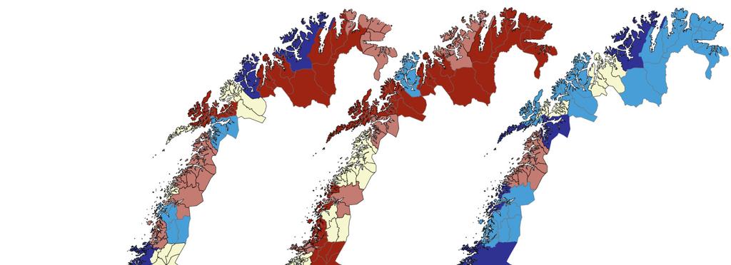 Kart med endringer i NæringsNM Figur 49: Resultater i NæringsNM for regioner, først for det siste året, dernest for den foregående tiårsperioden og til slutt endringene fra tiårsperioden 2002-2011