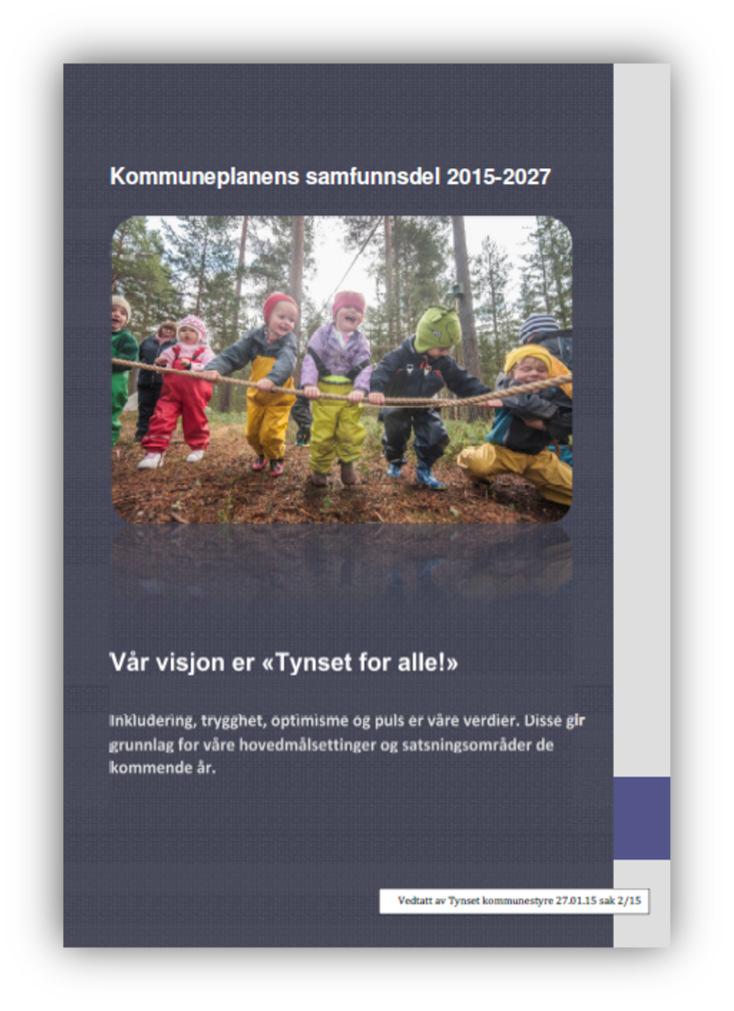 Kommuneplanens samfunnsdel ble sist vedtatt i januar 2015. Kommuneplanens arealdel er en arealplan for hele kommunen. Mål og strategier fra samfunnsdelen skal legges til grunn for arealdelen.