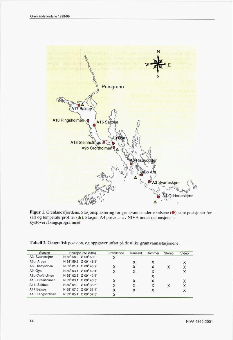 AlB Ringsholme; Figur 1. Grenlandsfjordene. Stasjonsplassering for gruntvannsundersøkelsene ( ) samt posisjoner for salt og temperaturprofiler (A).