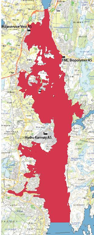 Figur 3. Avgrensingen av vannforekomsten 0242040102-C Karmsundet-Kopervik som er resipient for Miljøservice Vest sine utslipp til sjø. Utstrekningen av vannforekomsten er markert med rødt.