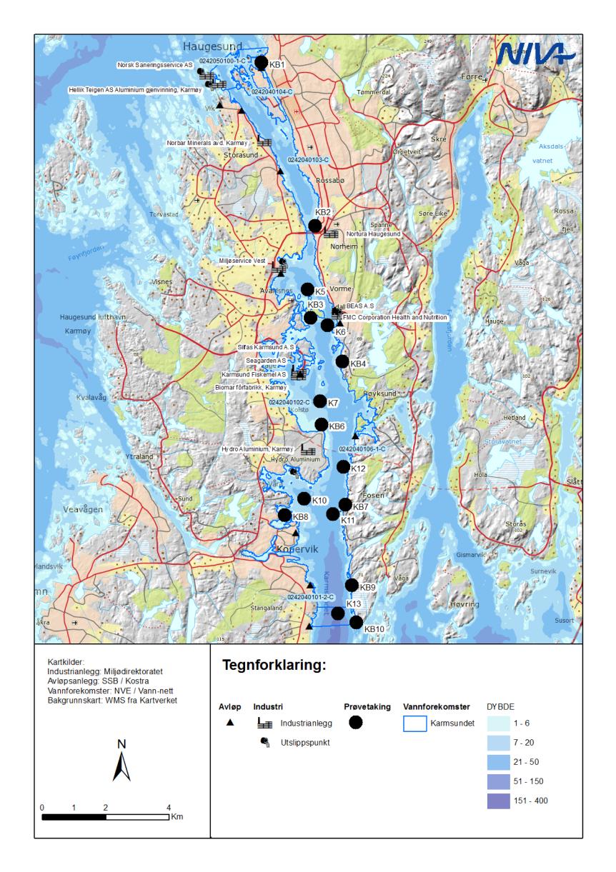 NIVA 7068-2016 Figur 4. Kart med plassering av prøvetakingspunkter for sediment (stasjoner med K) og blåskjell (stasjoner med KB) i Hydro Karmøys overvåkingsprogram 2015.