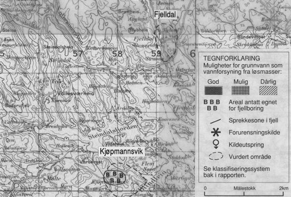 Det er muligheter for at vannforsyningen til Kjøpsmannsvik kan løses ved dypbrønnsboringer i fjell. En må regne med flere boringer mot utjevningsbasseng.