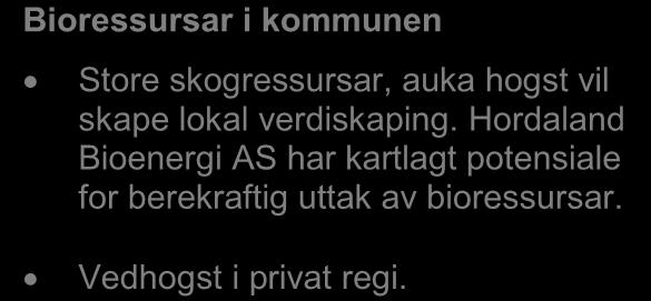 5.3 Bioenergi Dersom planane om fjernvarme på Vangen vert realisert vil dette prosjektet åleine kunne realisere 20 GWh bioenergi som vil erstatte oljefyring og direkteverkande elektrisitet til