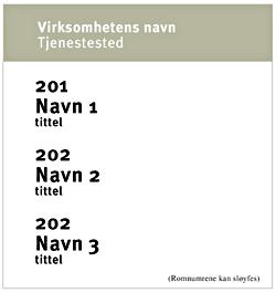 Bokstavfarge: Lyst grått, svart eller hvitt Skrifttyper Skrifttype for skiltet: Meta eller Helvetica Oppdatering De fleste skiltleverandører har