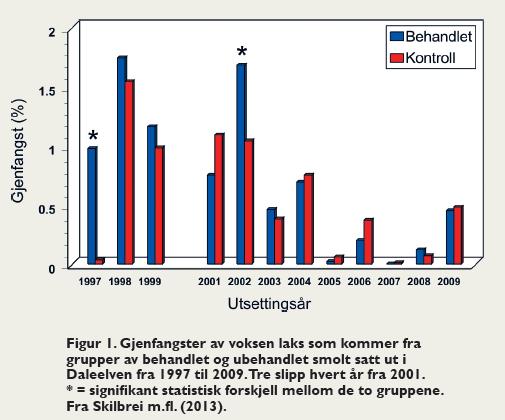 I løpet av disse 12 årene ble det satt ut tilsammen 35 grupper med smolt, siden 2001 fordelt med en gruppe tidlig i mai, en sent i mai og en tidlig i juni.