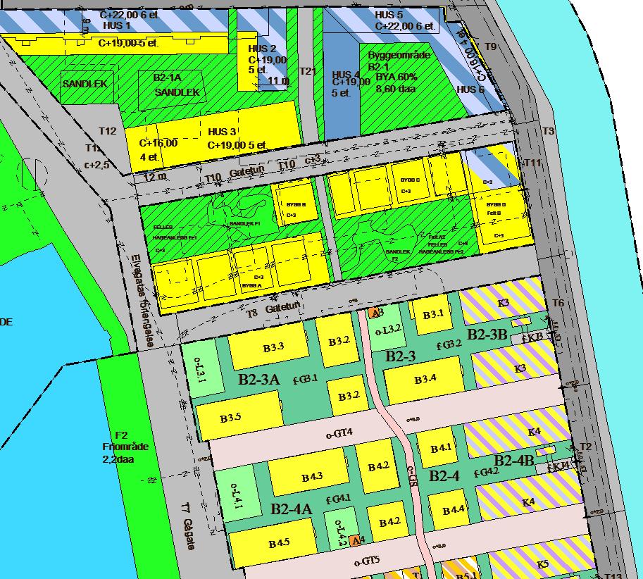 Områdereguleringen: Felt Areal m2 Utnyttelse m2 S2 7432 13006 S1 15764 27587 BT1 3618 6331,5 BKH1 2501 4376,75 BKT1 4228 7399 SUM 58700,25 Ikke mulig å regne BYA.