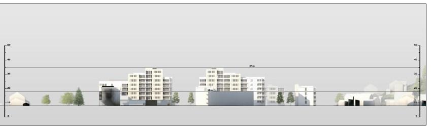 Detaljreguleringen. Snitt på tvers av Industrigata. Transport og samferdsel Trafikksystem og veiutforming: Utnyttelsen og valg av formål er avgjørende for trafikkmengden i området.