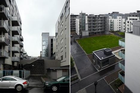 mellom sonene utformes med naturlig terrengfall e.l. Fra Rignes Park, Oslo. Bilde viser opphøyde uteareal som avskjæres fra den naturlige sammenhengen til omgivelsene.