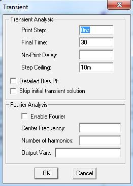 1. Analysis Setup... 2. Trykk på Transient... 3. Skriv inn og trykk OK Voltage/Current Marker Ved bruk av markere kan du få plot av simuleringen med en gang den er ferdig. 1.