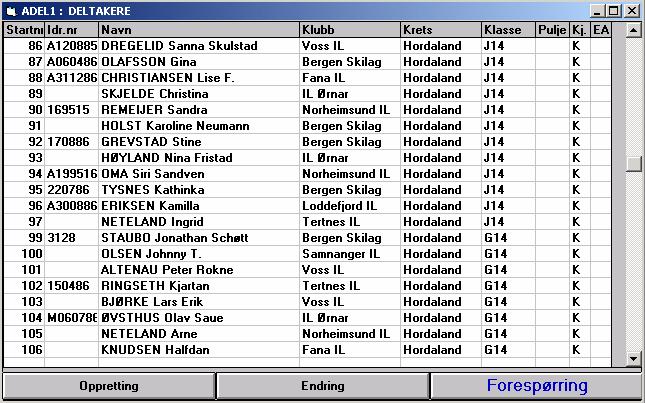 I Forespørsel-modus, vises deltakerne i tabell-form : Ved å dobbeltklikke på en deltaker i tabellen, vil denne komme opp i Endring-modus > Henter og viser neste deltaker i databasen.