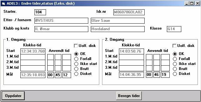 3.3. ENDRE TIDER, STATUS (f.eks. disk) Benyttes etter omgang/renn for å korrigere tider og status på deltakerne. Startnr Tast startnummer på deltaker som skal korrigeres.