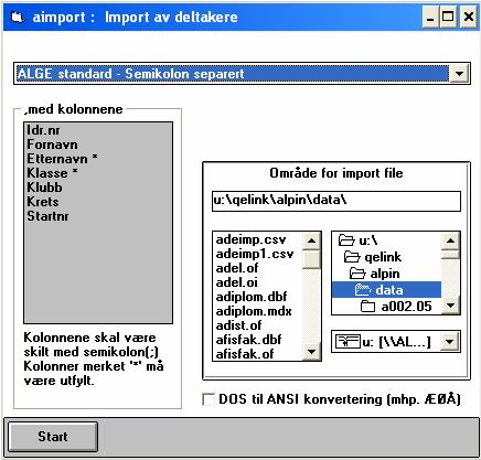 3.4. IMPORT AV DELTAKER Dersom deltakere registreres inn i rekneark, file etc., kan deltakere importeres inn i et renn vha. dette programmet. File-type Velg filtype det skal importeres data fra.