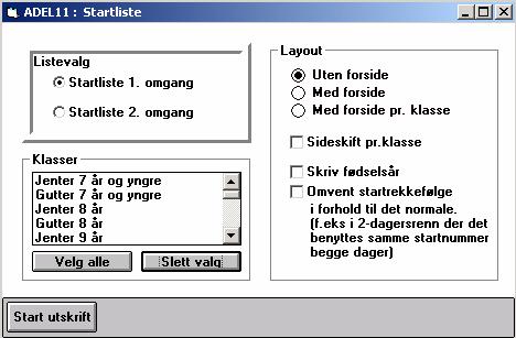 5.3 STARTLISTE Startlisten er en utskrift på printer, og viser startrekkefølgen for klassene og deltakerne innen hver klasse. Listevalg Startlisten kan velges for 1. omgang og 2.