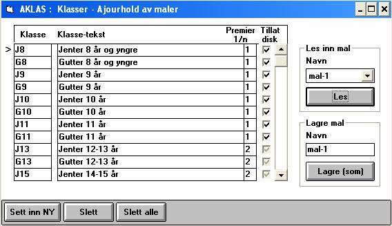 6.2 KLASSE-MALER En kan definere faste klasseoppsett, såkalte klassemaler, som ligger permanent i systemet. En klassemal vil altså inneholde de klassene som skal benyttes i en type renn.