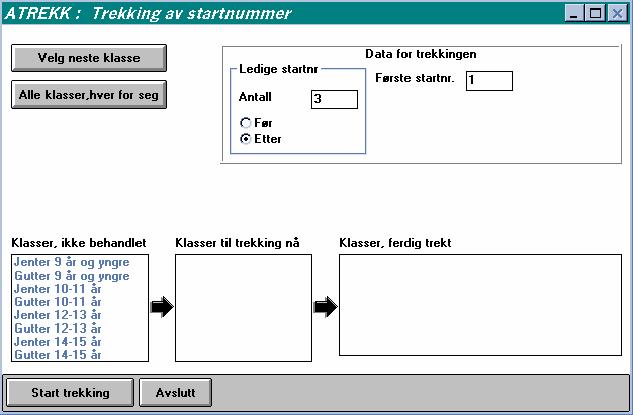 7.3 AUTOMATISK TREKKING Trekking av startnummer er en funksjon som sparer deg for mye arbeid i rennforberedelsene. Normalt trekkes klassene hver for seg, men sammenslåing av klasser er også mulig.