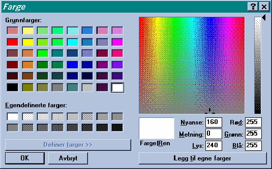 7.6. SKJERM FARGE En kan selv velge farge på skjermbildene i. Det er benyttet et standard-program til dette, og derfor er ledetekstene engelske.