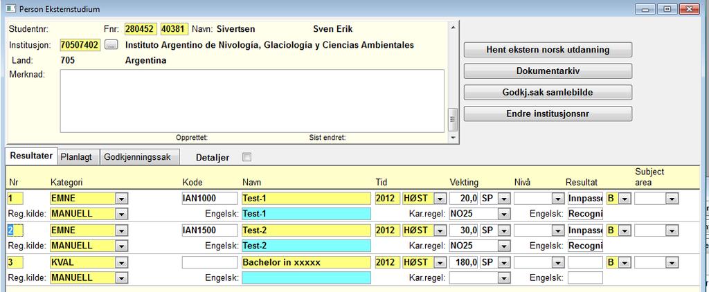 4 Bildet Person eksternstudium - Eksempel Fjern hake for detaljer for bedre oversikt. Her er både kvalifikasjon og emner lagt inn.