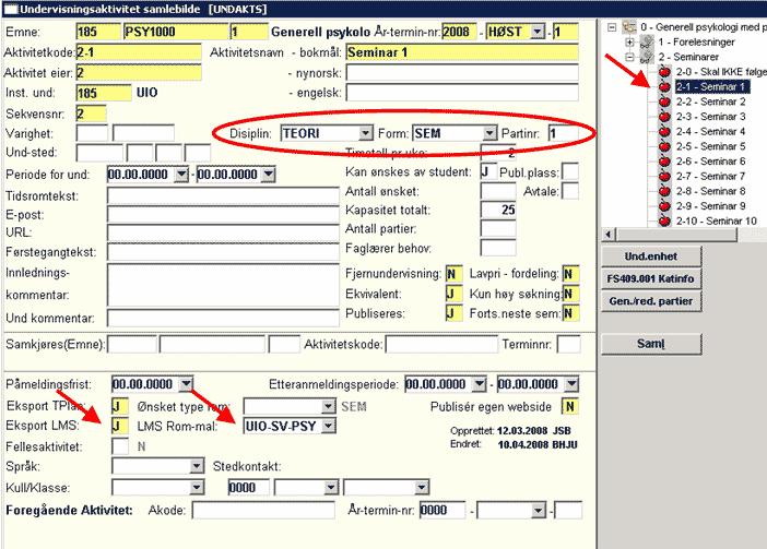 Undervisning -> Undervisningsaktivitet samlebilde Forklaring til relevante felt i Undervisningsaktivitet samlebilde: Partinr: Angir at undervisningsaktiviteten er et parti.