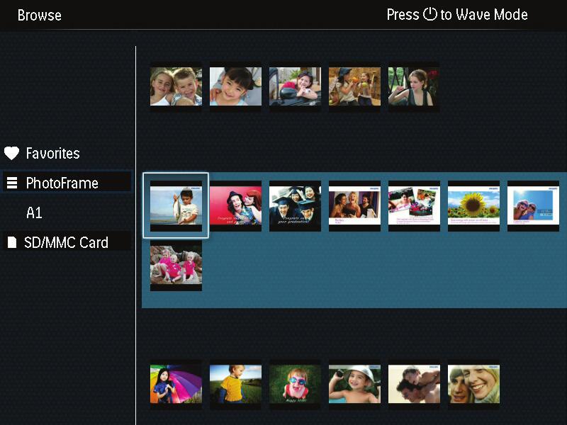 2 Trykk på MENU. Det vises en alternativmeny. Albummodus: 1 Velg [Browse] på startskjermen, og trykk Albumene vises i bølgemodus.