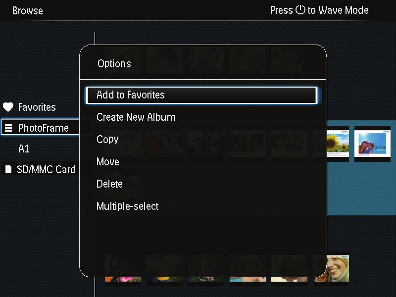 [Add to Favorites]: Kopier alle bilder fra albumet [PhotoFrame] til albumet [Favorites] [Create New Album]: Opprett et album [Copy]: Kopier alle bilder fra albumet