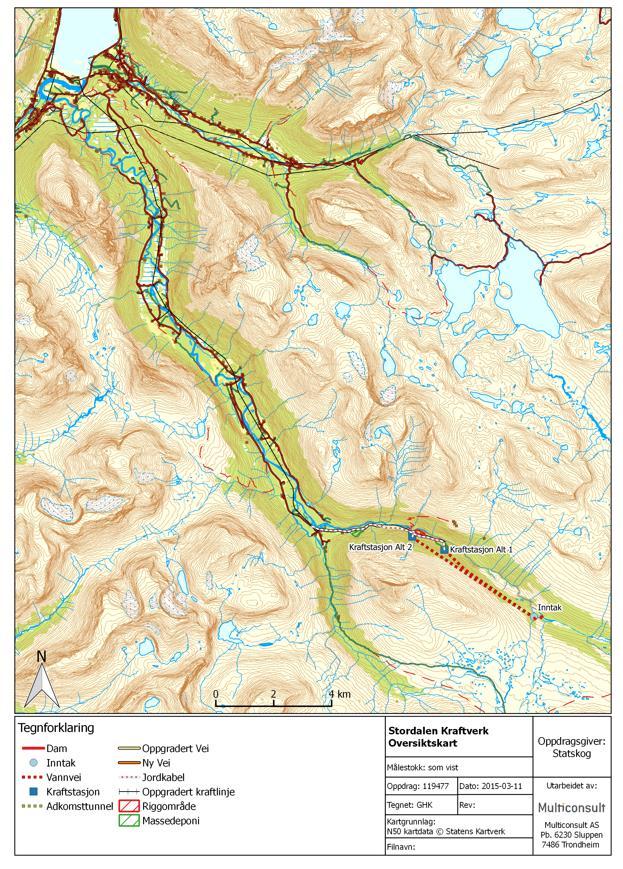 Figur 2 Oversikt over de to utbyggingsalternativene inkludert trasé for jordkabel. 2.1 Alternativ 1 2.1.1 Dam og inntak Inntaket til Stordalen kraftverk vil ligge på kote 360.