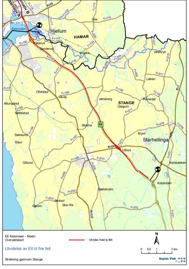 Uthus Kåterud (Hamar grense) På denne strekningen foreslås ensidig utvidelse mot øst. Mellom Basterud og Kåterud består eksisterende E6 av to sørgående felt og ett nordgående felt.